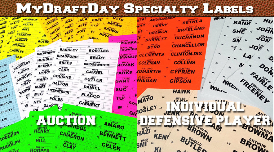 Individual Defense Player labels (IDP) and Fantasy Football Auction Draft labels also available.